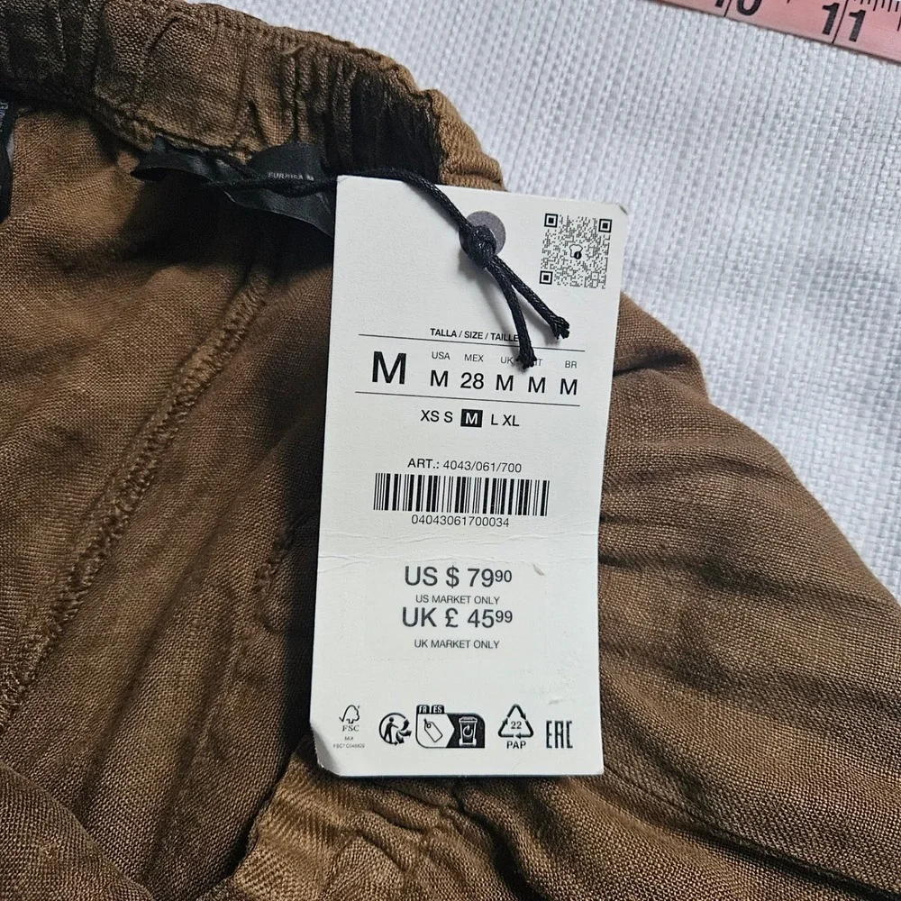 Zara Women Linen Pants M Brown Wide Leg‎ Elastic Waist Drawstring Sustainable